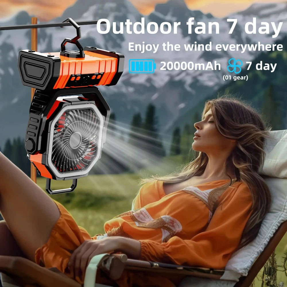 20000mAh Battery Operated Fan Portable Rechargeable Desk/Camping Fan with LED Light and Hook Outdoor Fan