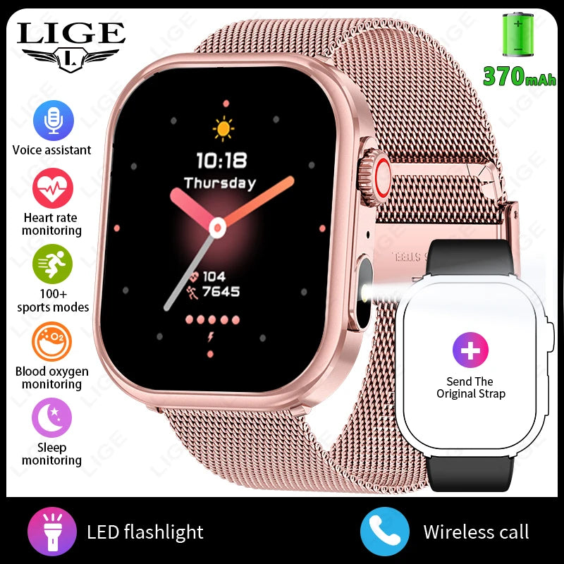 LIGE New Smart Watch Men 2.01'' HD Flashlight Bluetooth Call Heart Rate Sleep Health Monitor Sports Waterproof Smartwatch Women