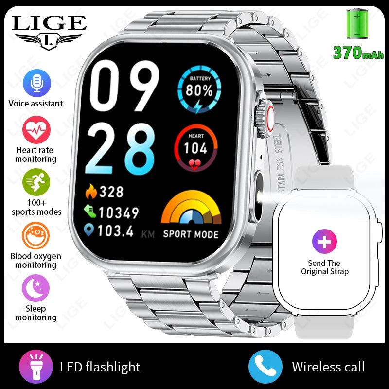 LIGE New Smart Watch Men 2.01'' HD Flashlight Bluetooth Call Heart Rate Sleep Health Monitor Sports Waterproof Smartwatch Women
