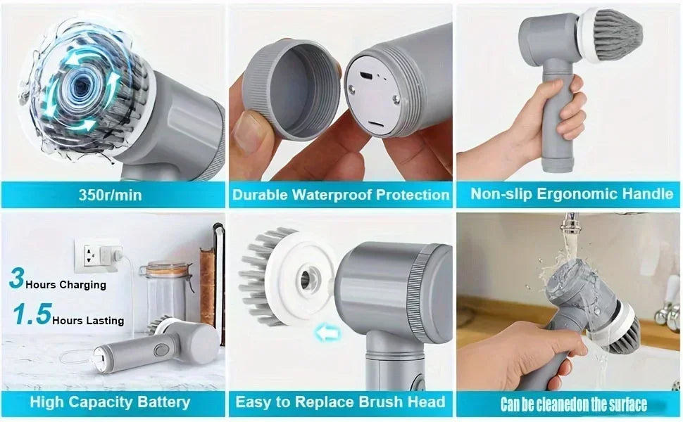New Electric Spin Scrubber Cordless Spin Scrubber with 6 Replaceable Brush Heads  Electric Cleaning Brush Cleaning Tools