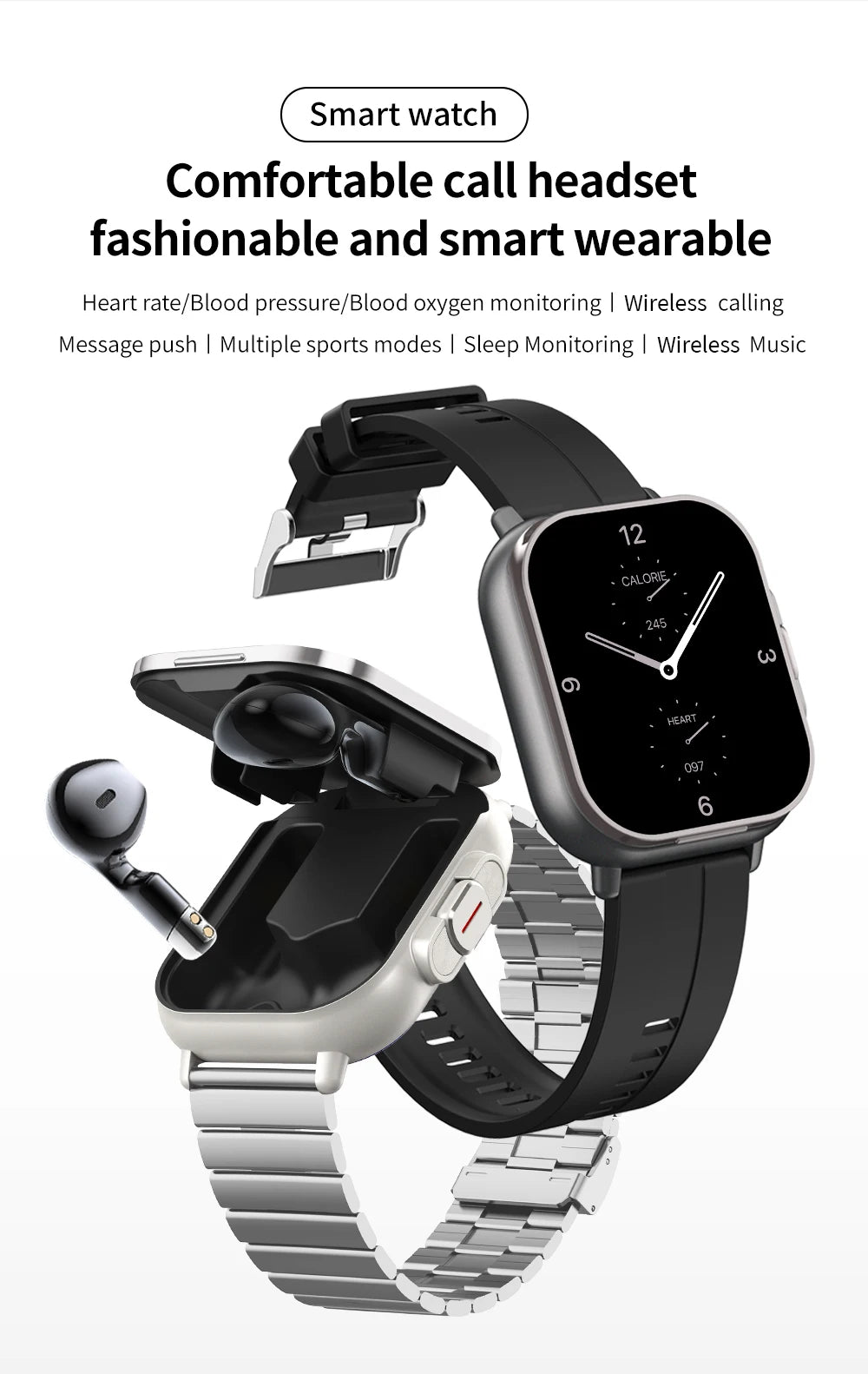 NFC Smart Watch TWS 2-in-1 Headset Bluetooth Call Heart Rate Blood Pressure Health Monitoring Headphones Play Music Smartwatch