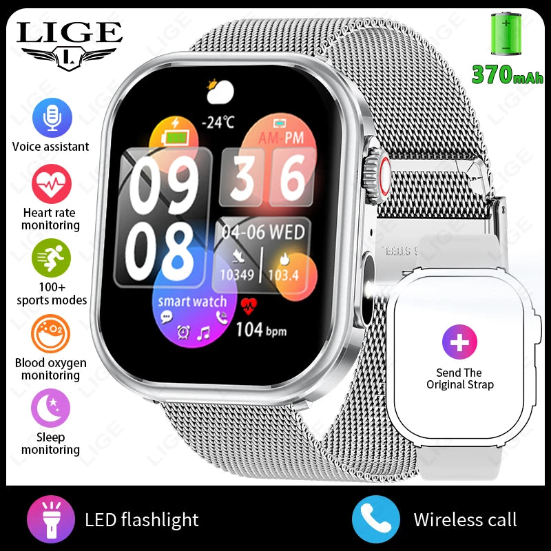 LIGE New Smart Watch Men 2.01'' HD Flashlight Bluetooth Call Heart Rate Sleep Health Monitor Sports Waterproof Smartwatch Women