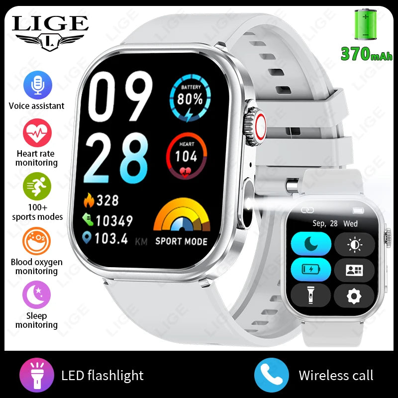 LIGE New Smart Watch Men 2.01'' HD Flashlight Bluetooth Call Heart Rate Sleep Health Monitor Sports Waterproof Smartwatch Women