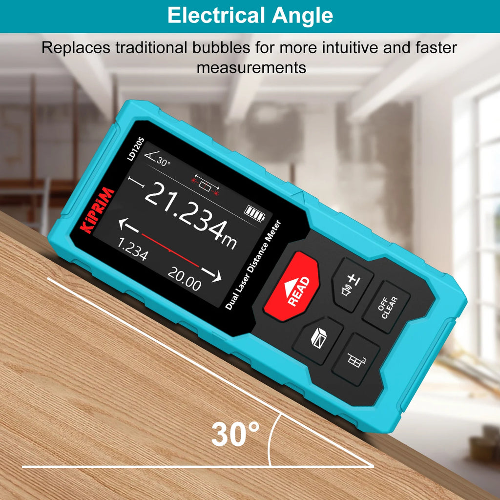 Kiprim Dual Laser Distance Meter Rechargeable Bilateral Laser Rangefinder 120m Digital Tape Measure Angle Measurment Tool