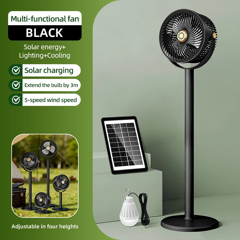 Solar Fan with LED Light, 5-Speed, 4-Height Adjustable, Portable Floor Fan for Camping, Hiking, Home, Office, USB/Solar Charging