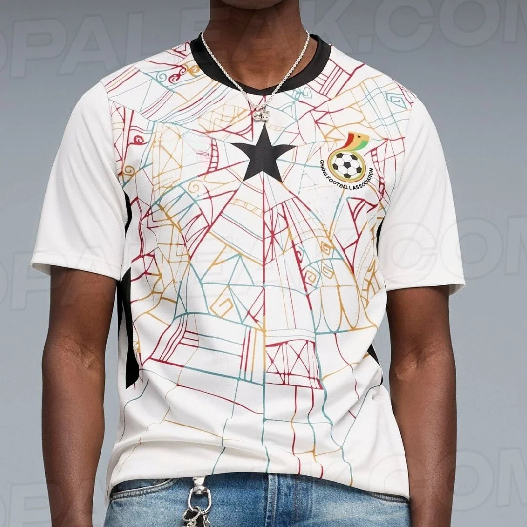 2026 Men's Ghana Soccer Jersey White Geometric Pattern GFA Black Star Football Shirt AFCON Fan Jersey for Game Day Streetwear