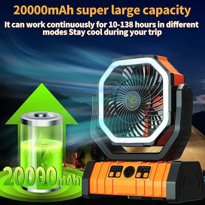 20000mAh Battery Operated Fan Portable Rechargeable Desk/Camping Fan with LED Light and Hook Outdoor Fan