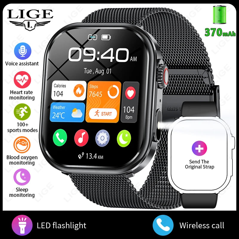 LIGE New Smart Watch Men 2.01'' HD Flashlight Bluetooth Call Heart Rate Sleep Health Monitor Sports Waterproof Smartwatch Women